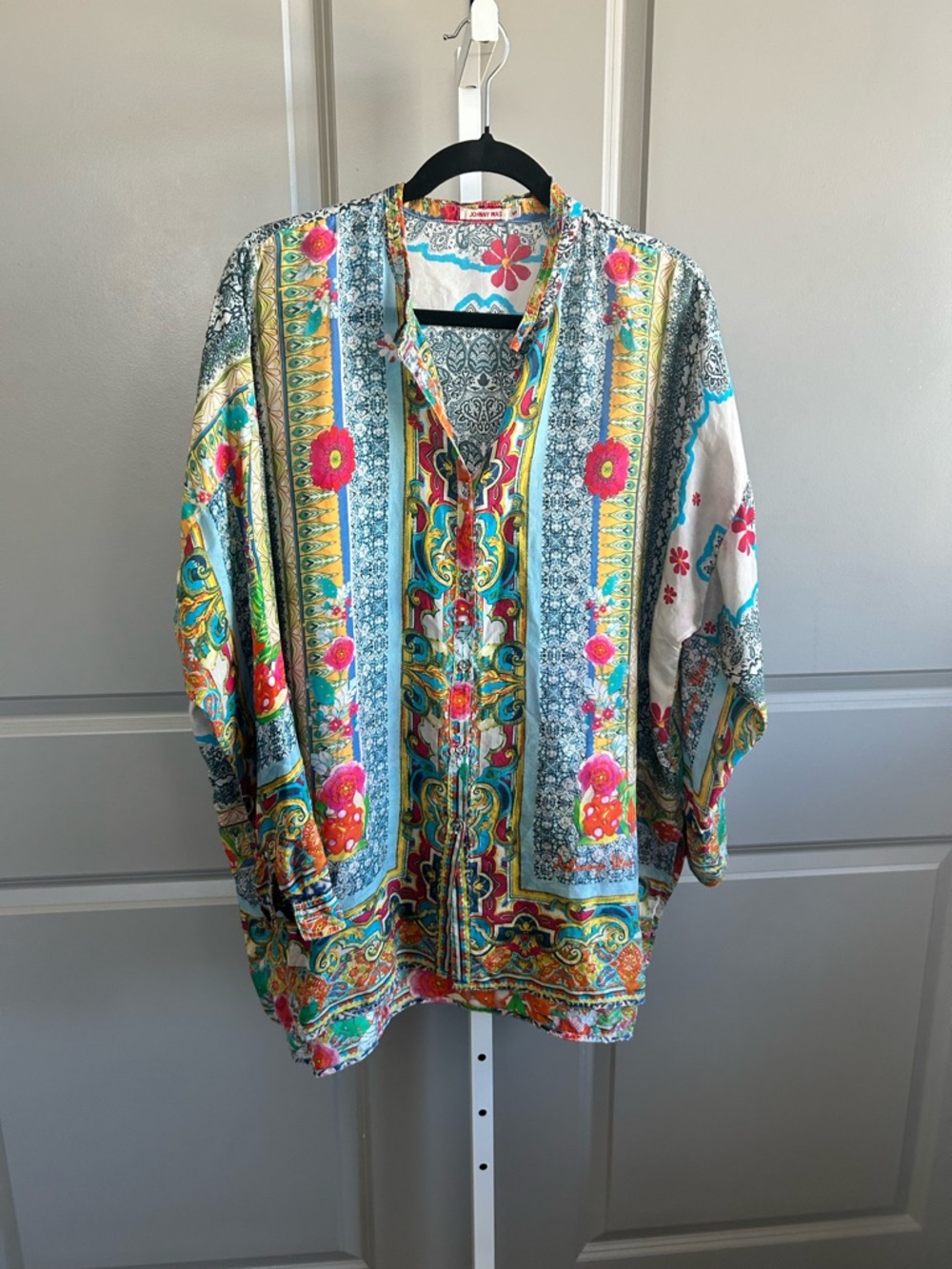 Johnny Was Silk Boho Tunic Blouse Oversized Floral Print Size S coastal boho #78 - Picture 2 of 10